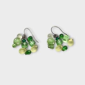 Green Glass Bead Cluster Dangle Earrings Rhinestone Accent
